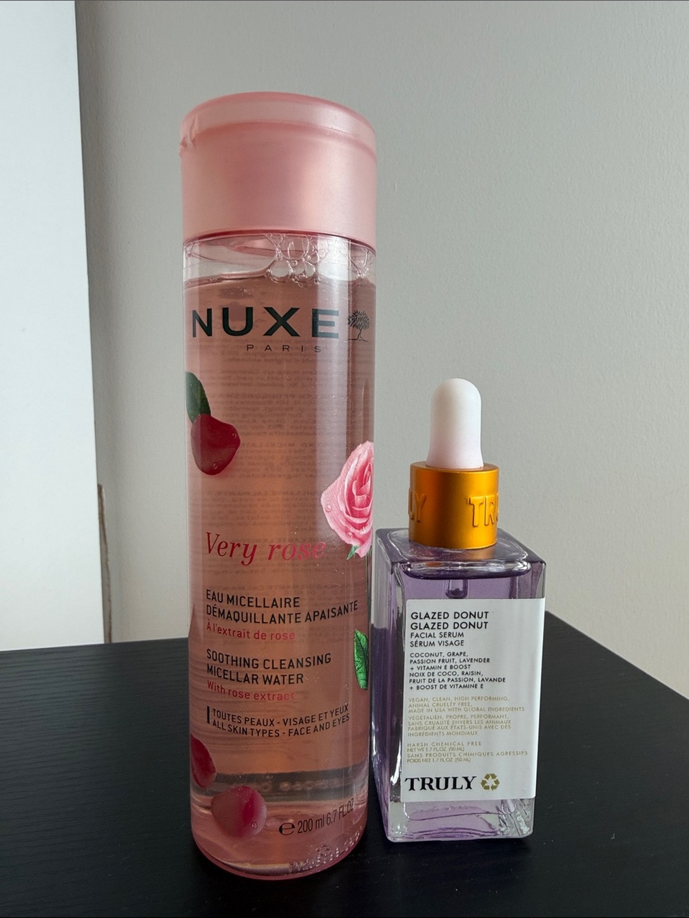 NUXE Very Rose Micellar Cleansing Water Bottle & Truly facial serum